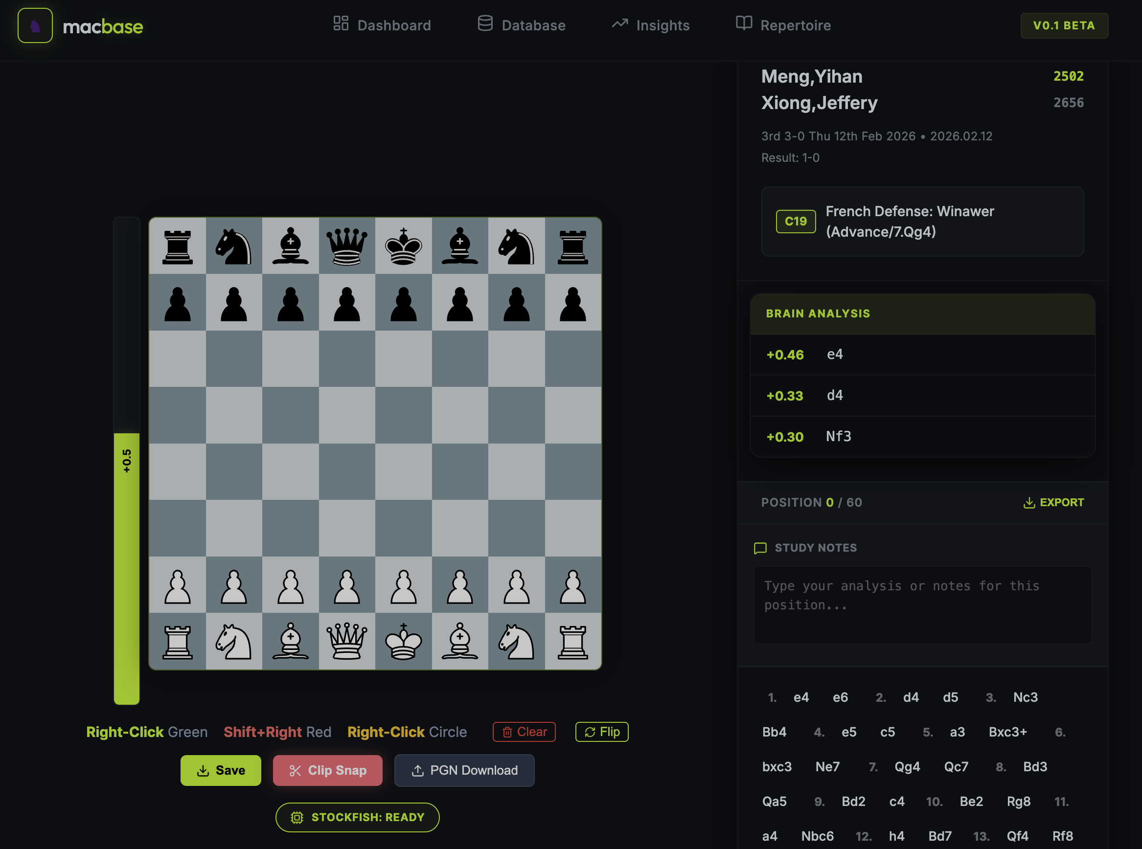 macbase Analysis — Stockfish engine evaluation and top lines
